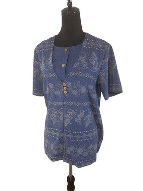 Alfred Dunner Blue Floral 2-in-1 Cardigan Top 12P Petite Embroidered Classi